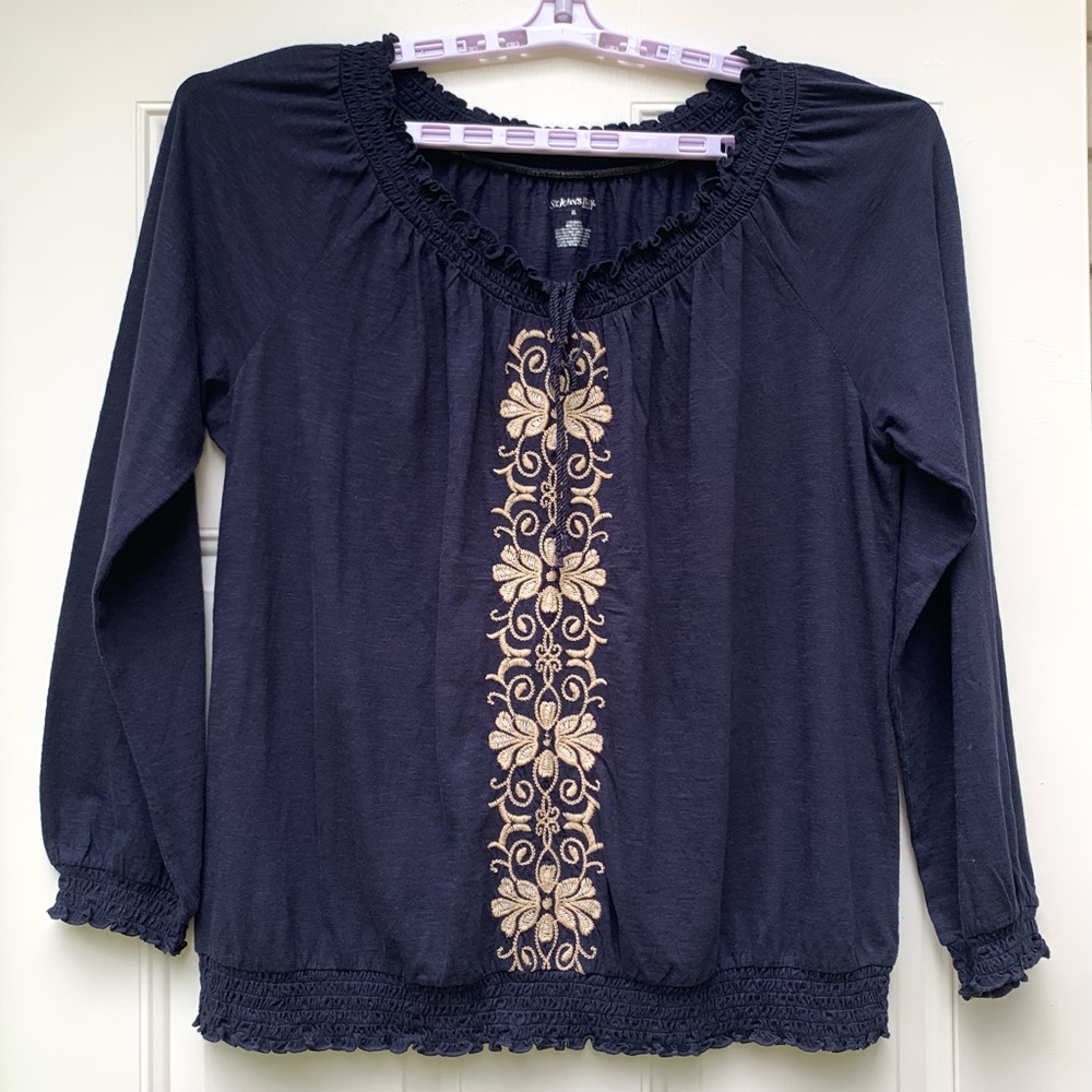 ST JOHN’S BAY Womens Blouse Sz XL Navy Embroidered Long Sleeve Chick Office